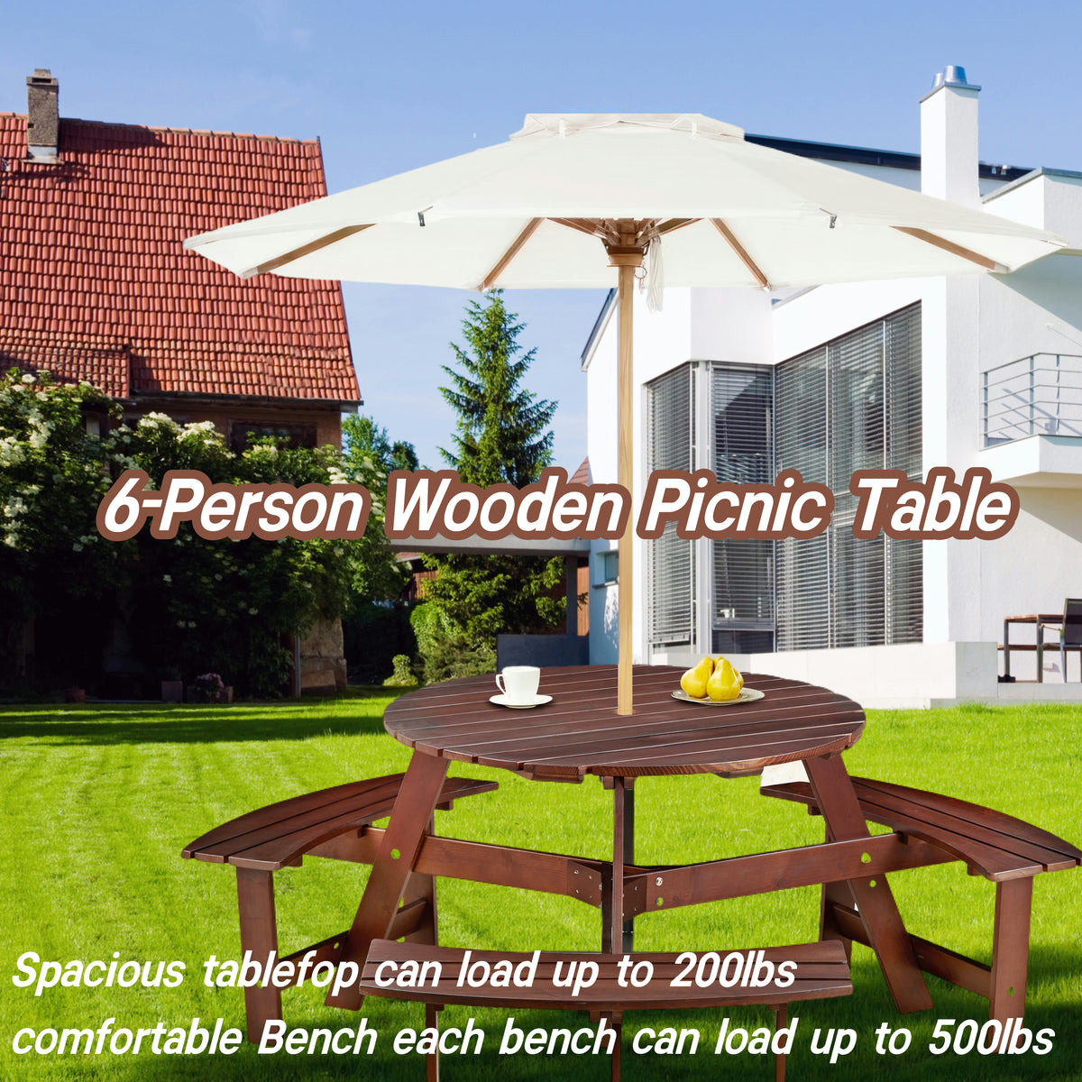 6-Person Circular Picnic Table – Brown Finish