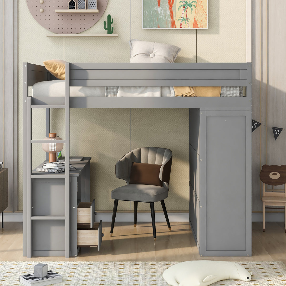Full Loft Bed with Wardrobe Gray