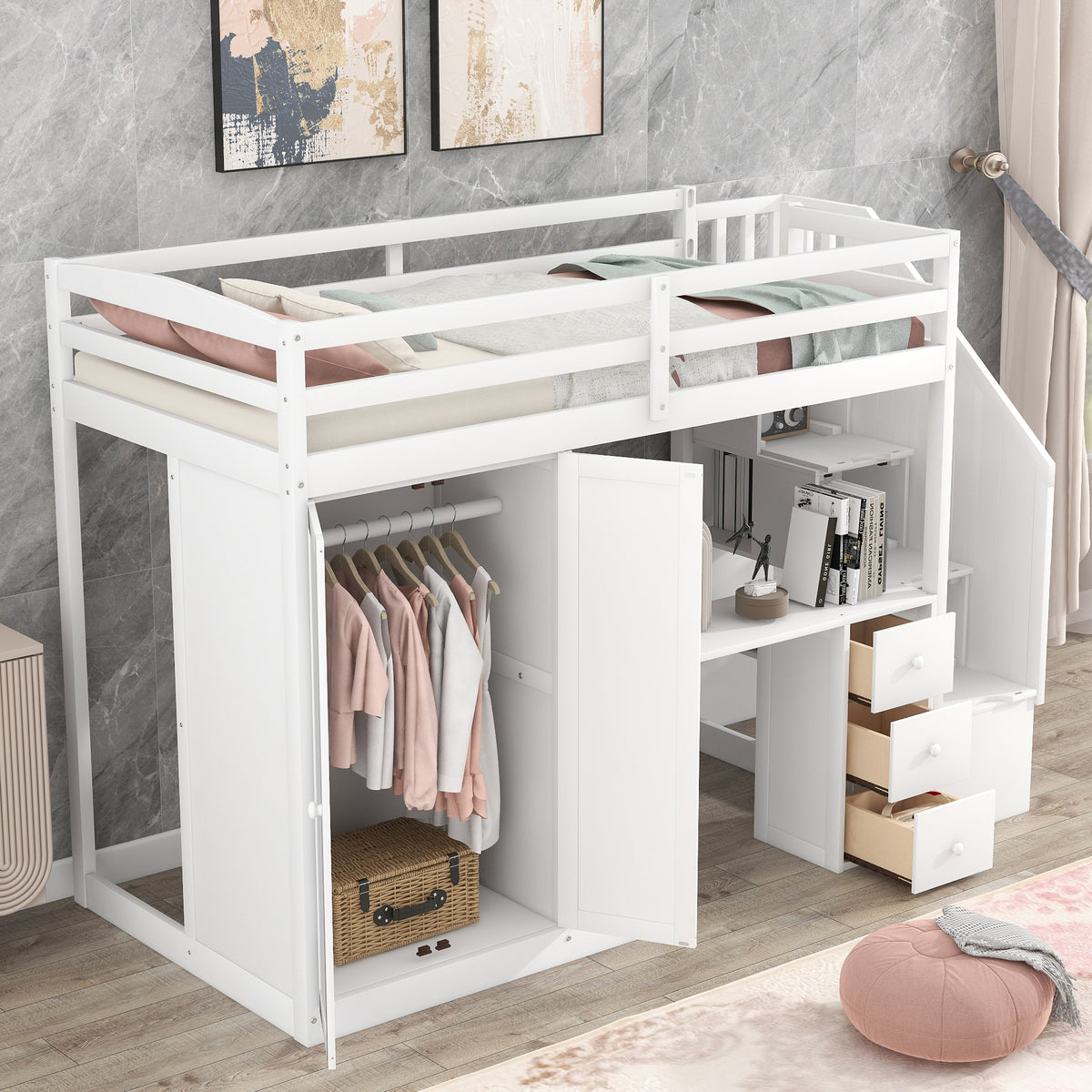 Loft Bed with Wardrobe and Storage Drawers White