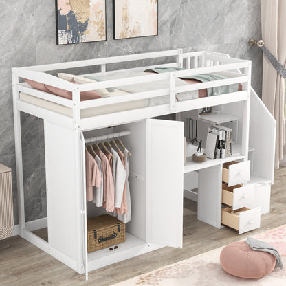 Loft Bed with Wardrobe and Storage Drawers White