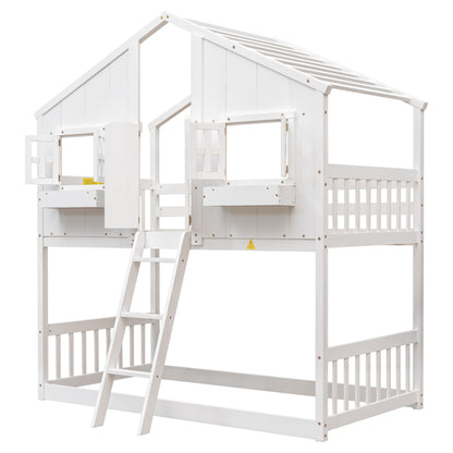 Twin House Bunk Bed with Ladder White