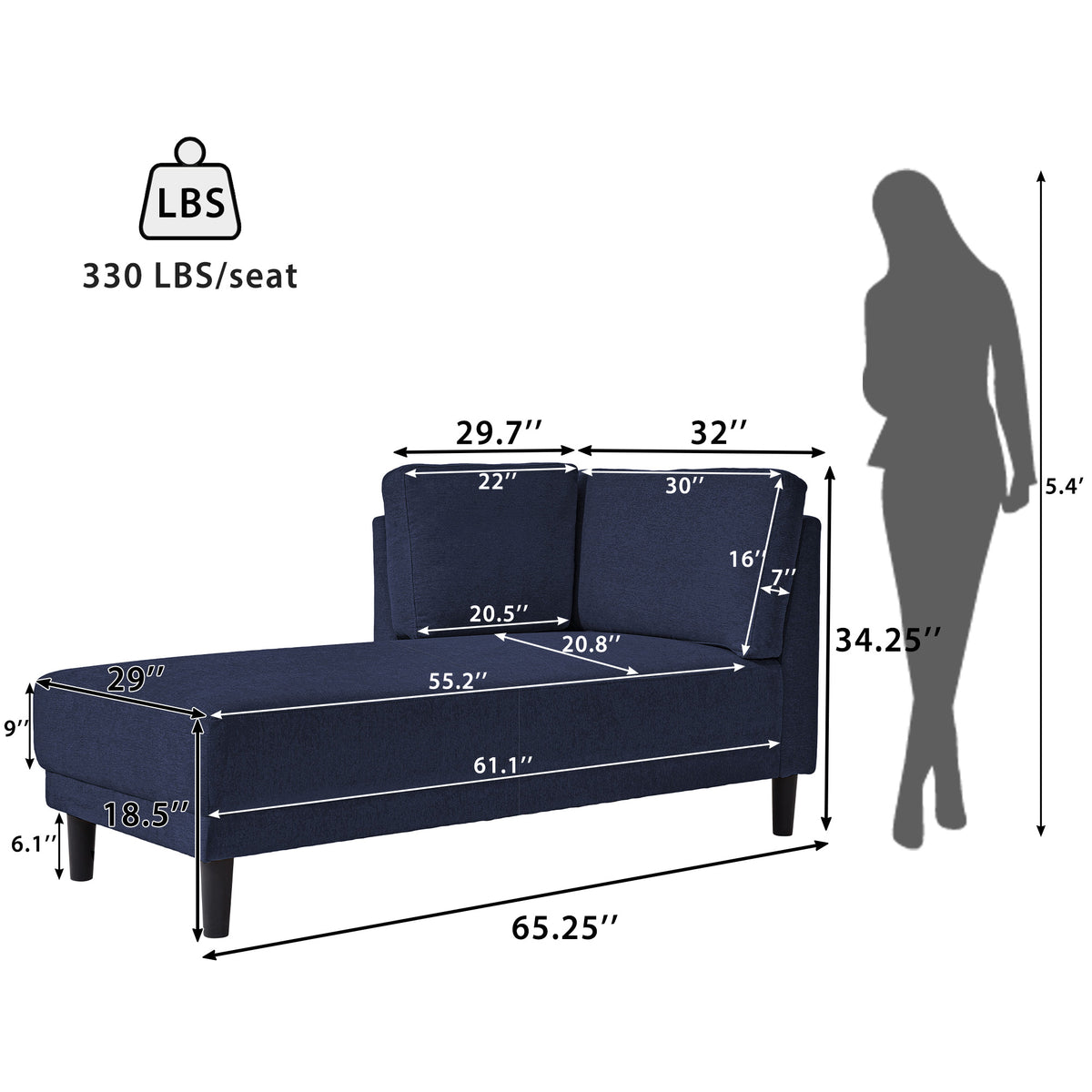Mid-Century Linen Chaise Lounge – Blue