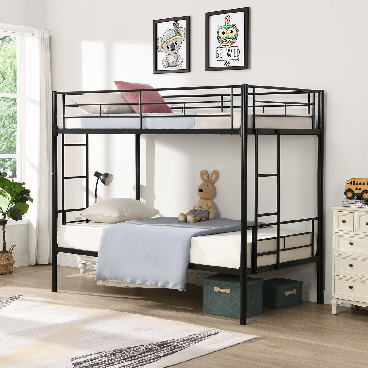 Full Metal Bunk Bed with Guardrails Black