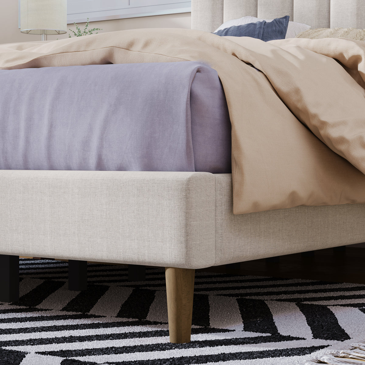 Upholstered Platform Bed with Channel Headboard Cream