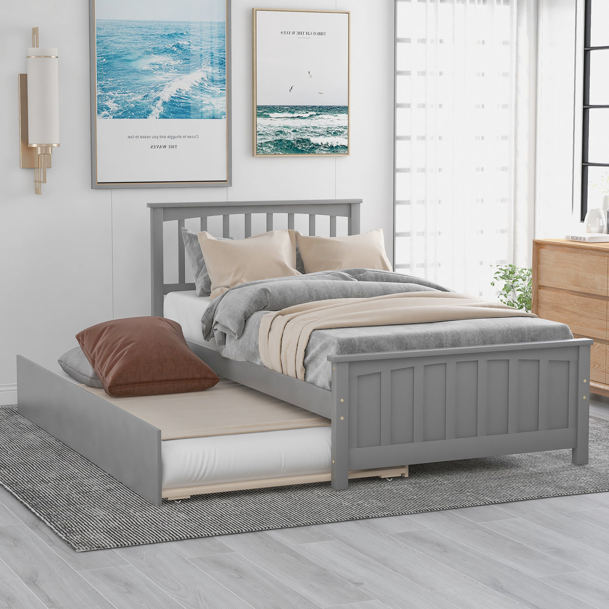 Twin Platform Bed with Trundle Gray