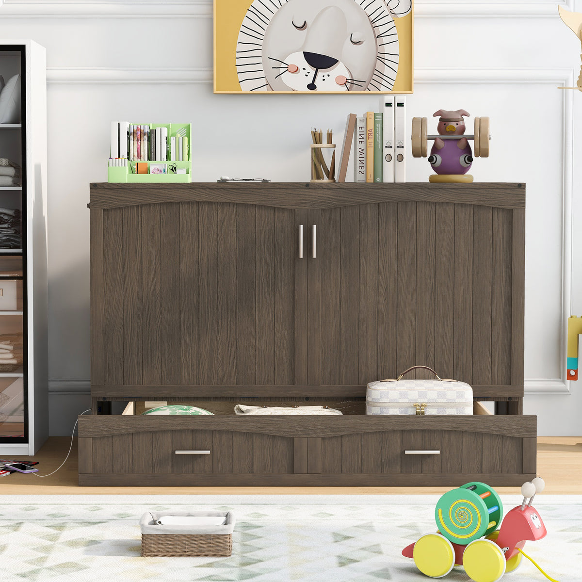 Queen Murphy Bed with Built-In Charging Station – Beige