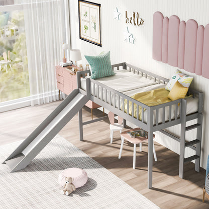 Twin Loft Bed with Ladder and Slide Gray
