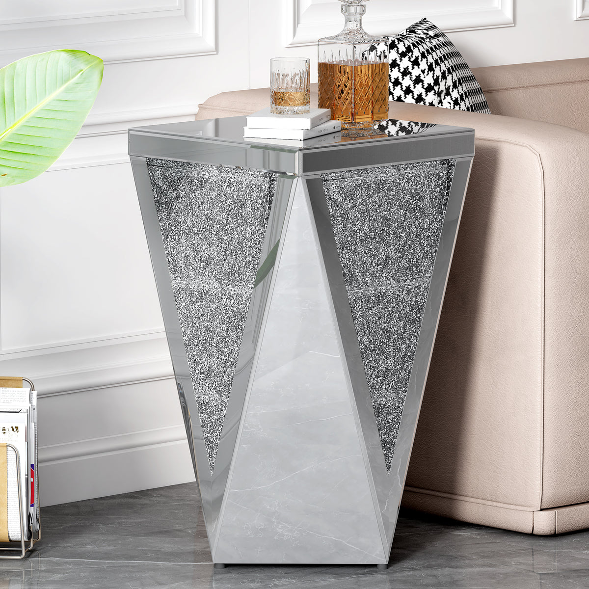Silver Mirrored End Table with Crushed Diamond Base