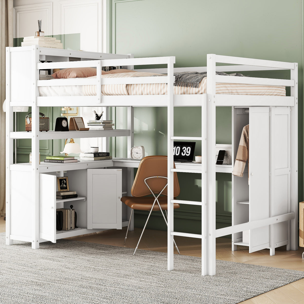 Wood Loft Bed with Bookshelf White