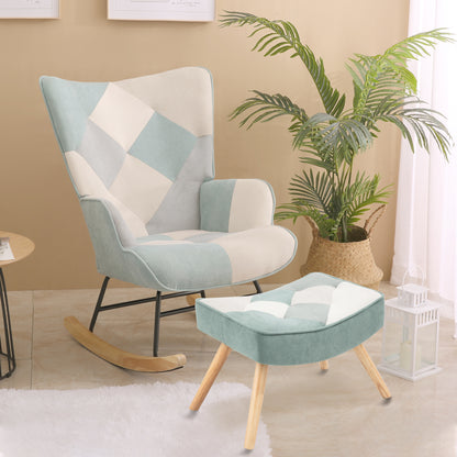 Mid-Century Patchwork Rocking Chair with Ottoman – Linen Fabric