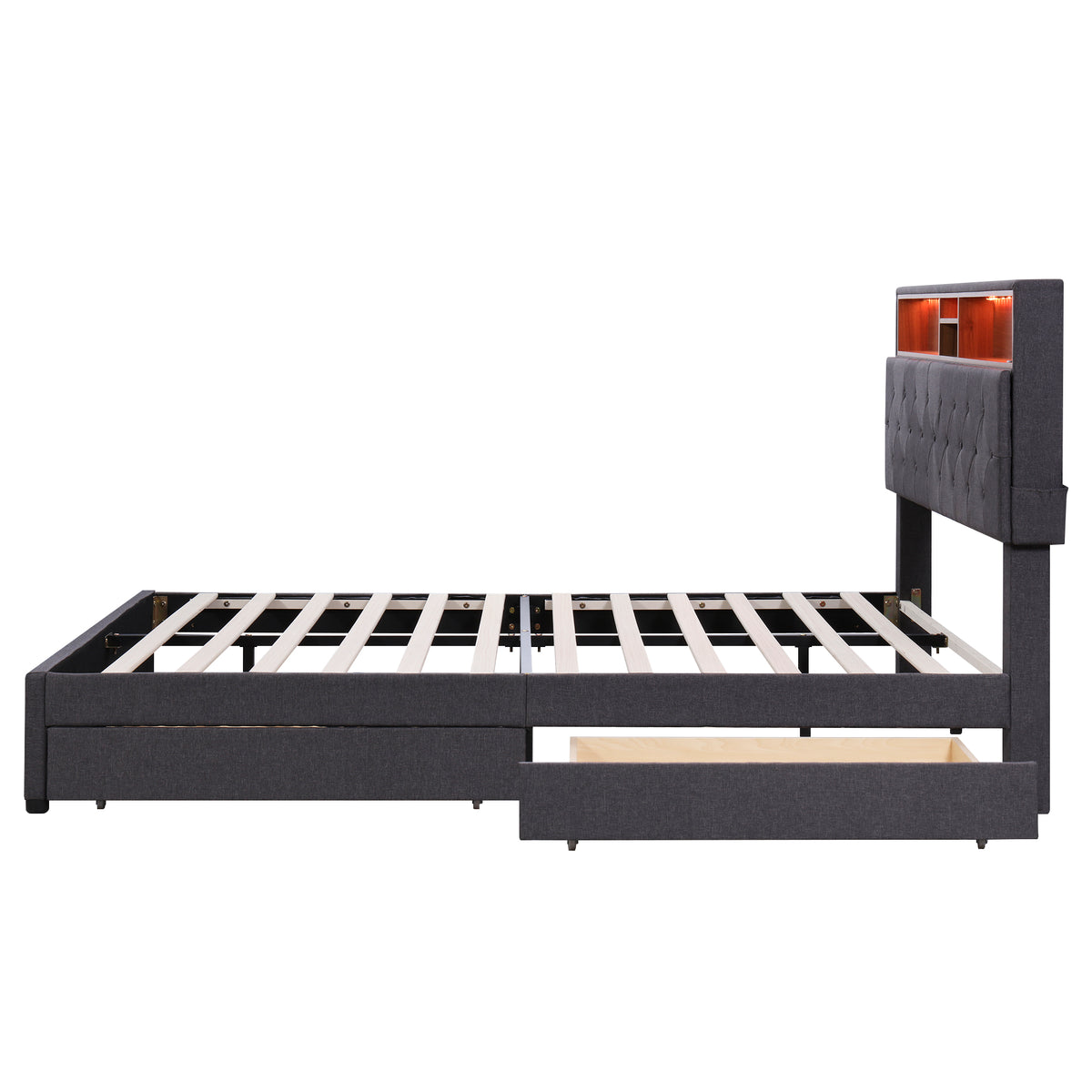 Queen LED Upholstered Storage Bed – Dark Gray