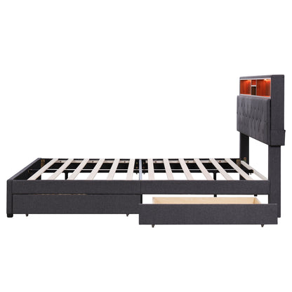 Queen LED Upholstered Storage Bed – Dark Gray