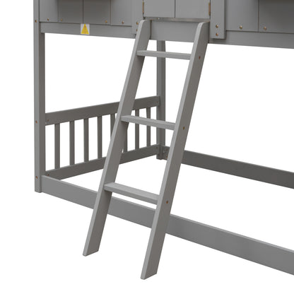 Twin House Bunk Bed with Ladder Grey
