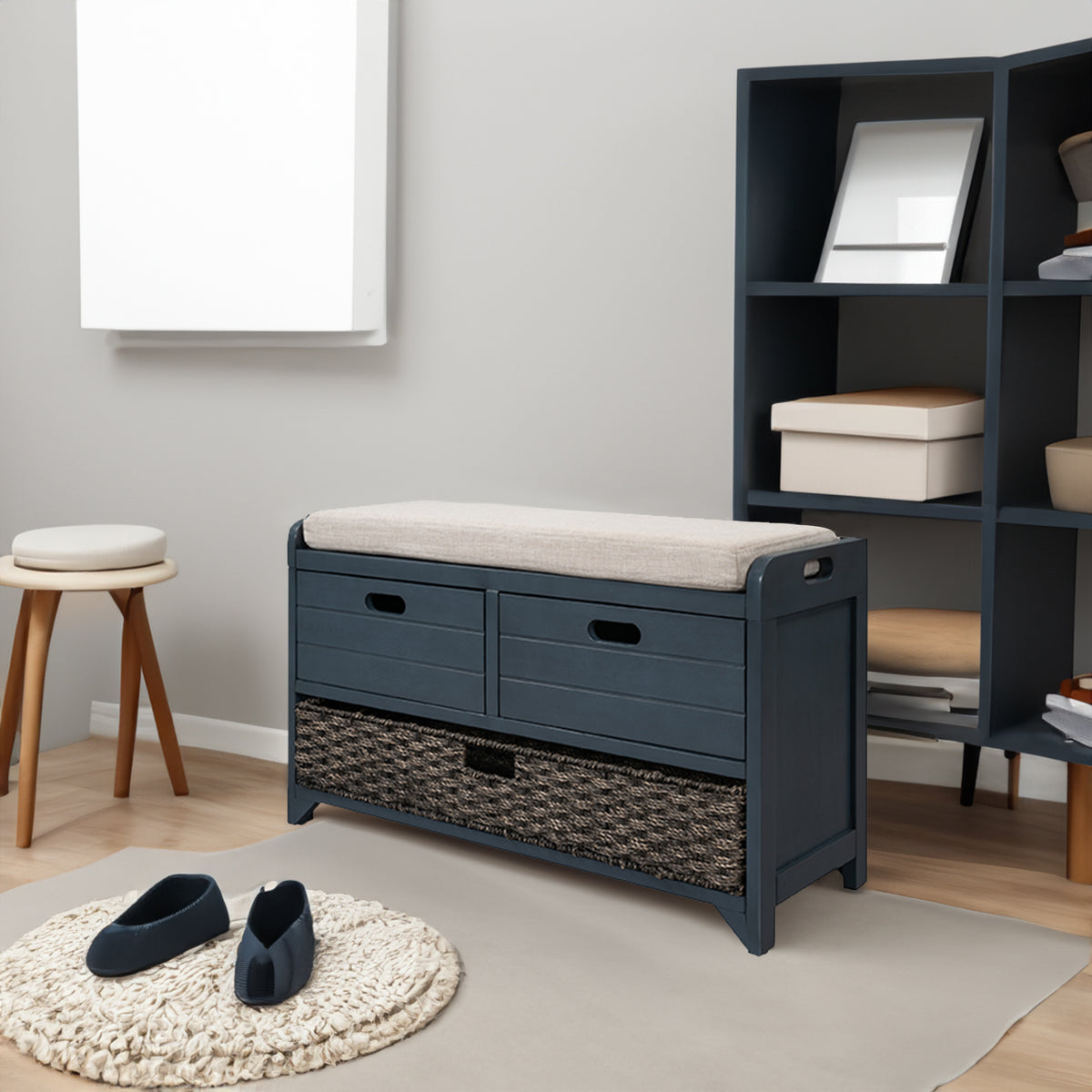 Navy Storage Bench with Rattan Basket