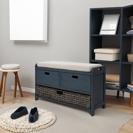 Navy Storage Bench with Rattan Basket
