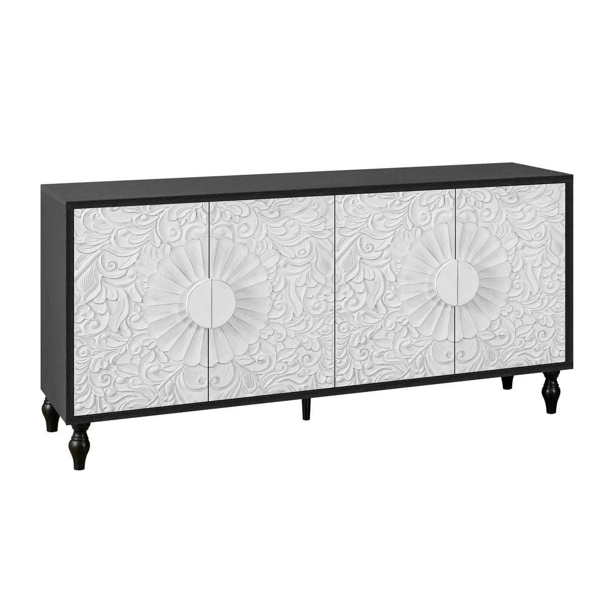 Vintage White Faceted Accent Cabinet with Black Frame