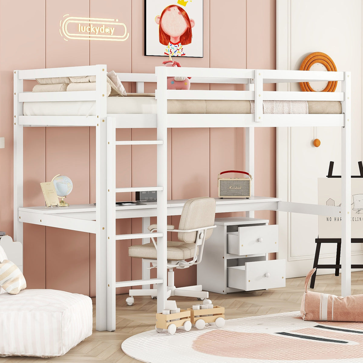 White Twin Loft Bed with Storage & Ladder