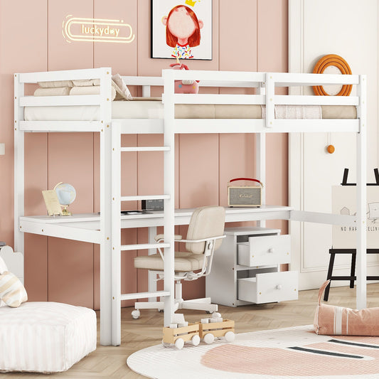 White Twin Loft Bed with Storage & Ladder