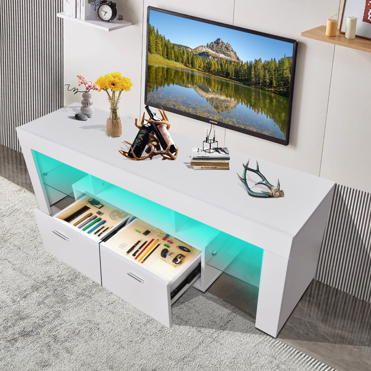 Modern LED TV Stand with Drawers – Gloss White