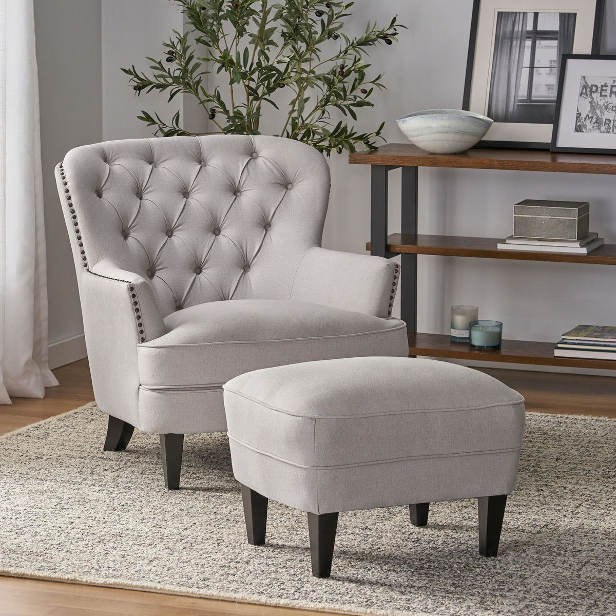 Light Grey Fabric Armchair with Ottoman