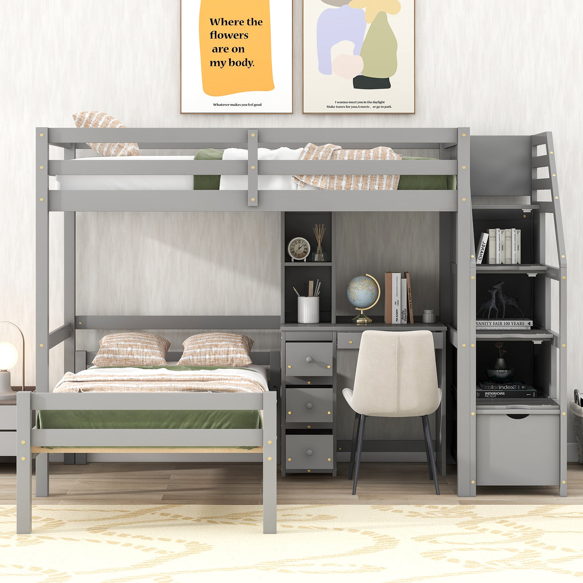 Twin Loft Bed with Storage Gray