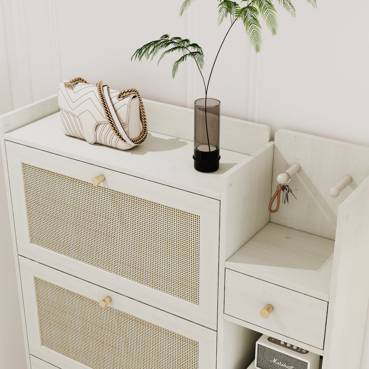 Bohemian Shoe Cabinet with Rattan Shelves White