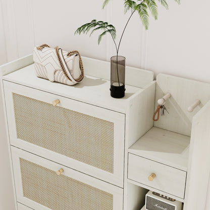 Bohemian Shoe Cabinet with Rattan Shelves White