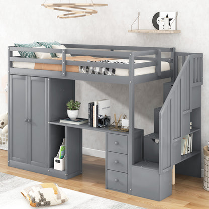 Twin Loft Bed with Wardrobe Gray