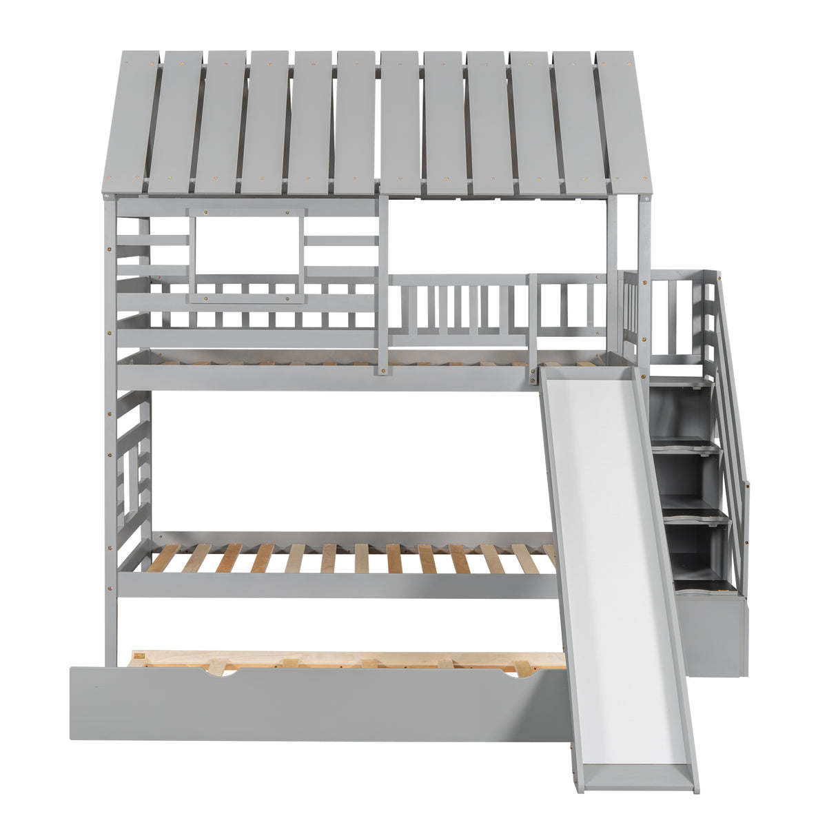 Twin Bunk Bed with Roof and Ladder Gray