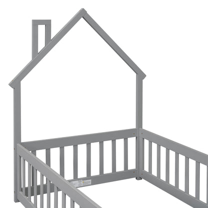 Twin House Bed with Fence Gray
