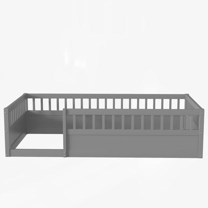Gray Kids Floor Bed Frame with Fence