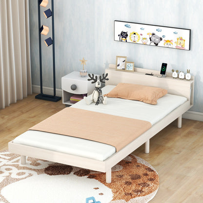 Twin Platform Bed with USB Ports White Wash