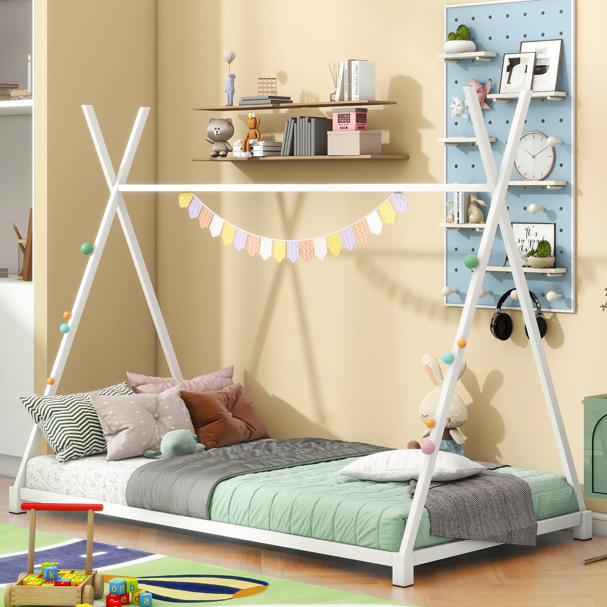 Metal Platform Bed White Triangle Frame