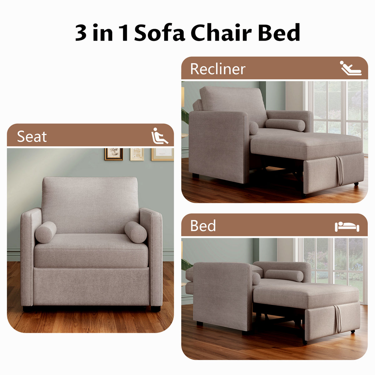 3-in-1 Sleeper Chair Bed Linen Tan