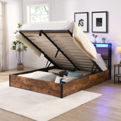 Elevating Platform Bed with LED Headboard Brown