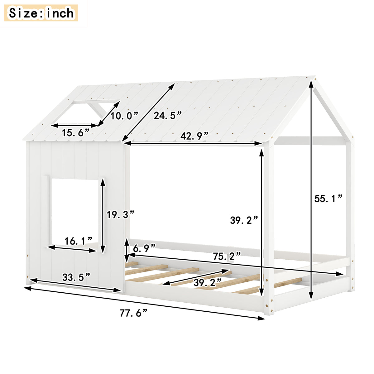Twin House Bed with Roof Frame White