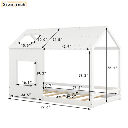 Twin House Bed with Roof Frame White
