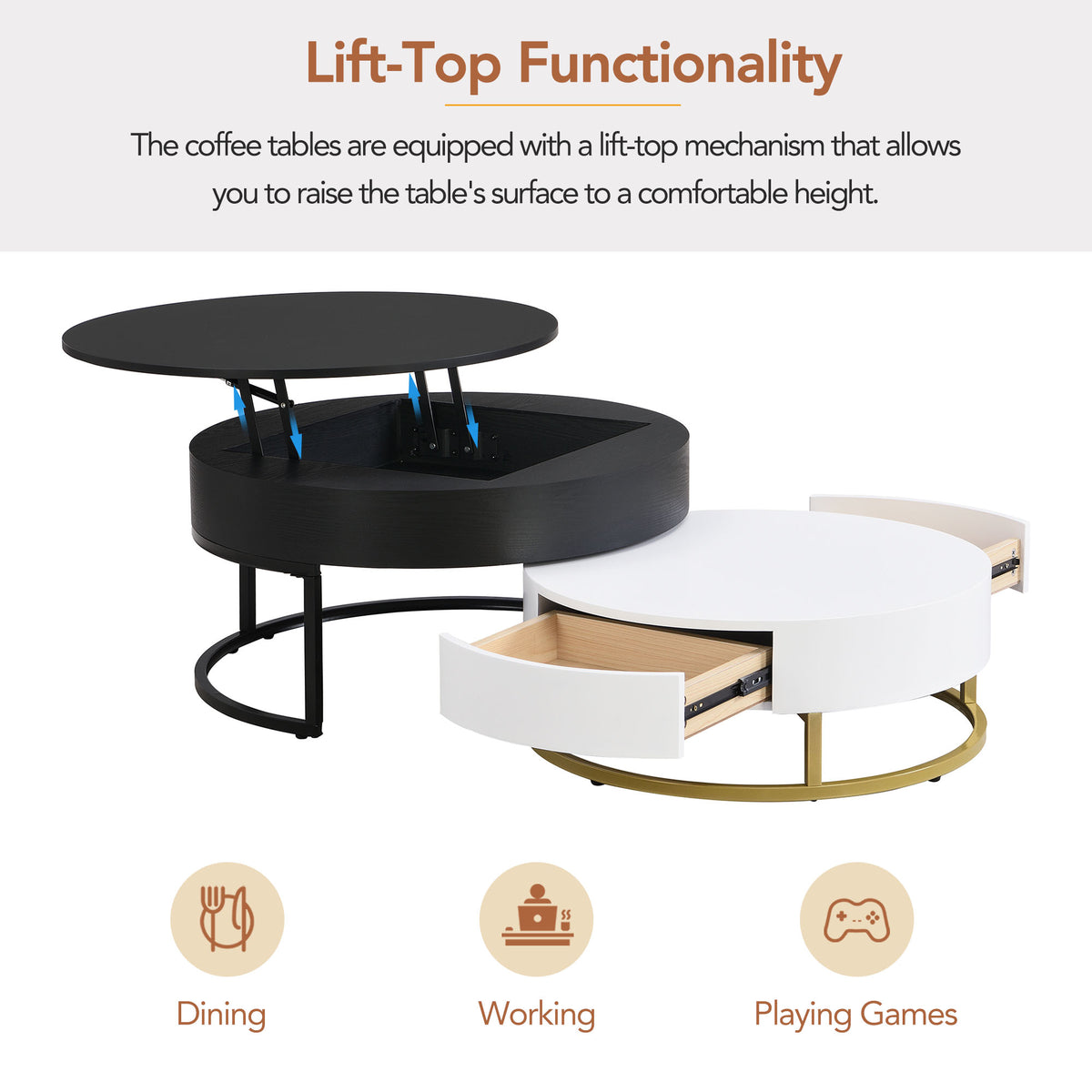 Lift-Top Coffee Tables with Drawers Black