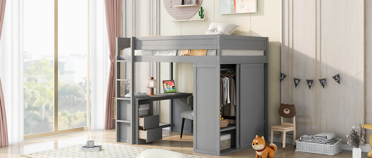 Full Loft Bed with Wardrobe Gray