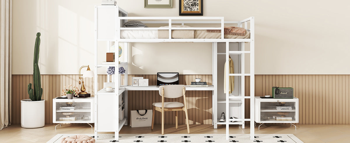 Full Loft Bed with Wardrobe and Shelf White