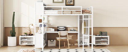 Full Loft Bed with Wardrobe and Shelf White
