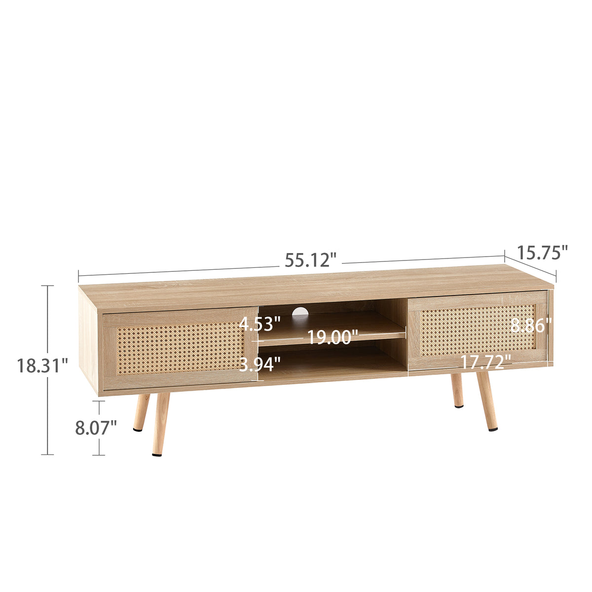 Rattan Wood TV Console – Adjustable Doors, Natural Finish