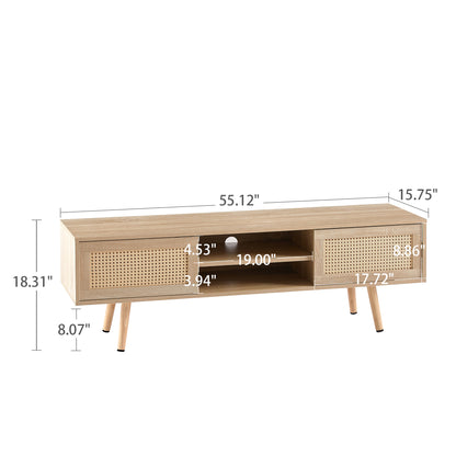 Rattan Wood TV Console – Adjustable Doors, Natural Finish