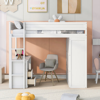 White Twin Loft Bed with Desk