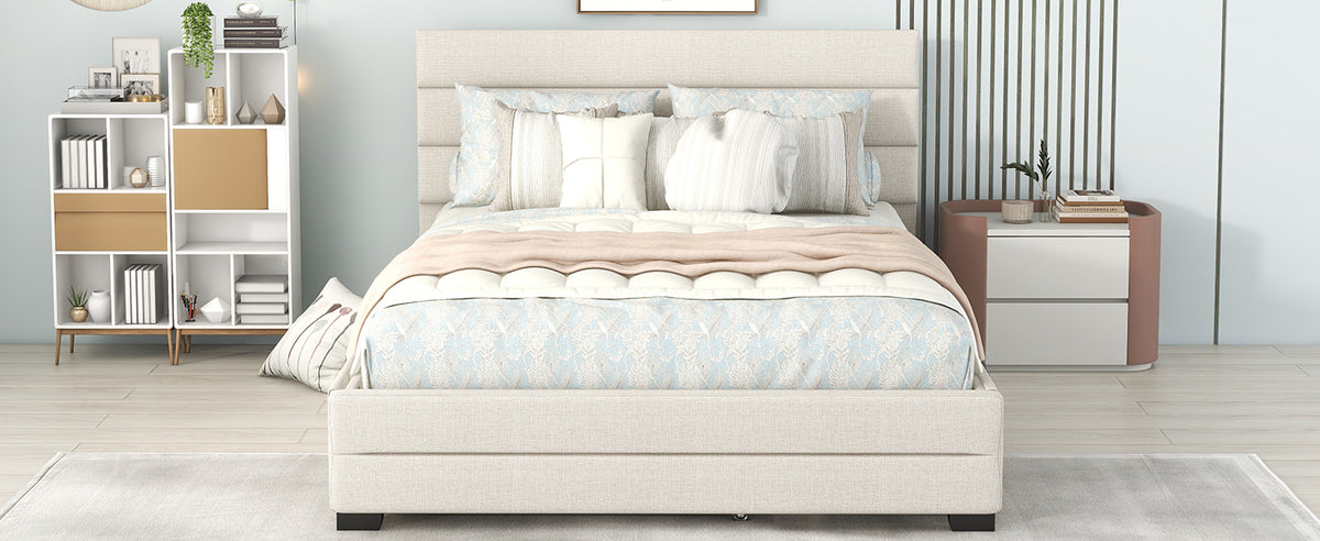Queen Upholstered Bed with Twin Size Trundle Beige