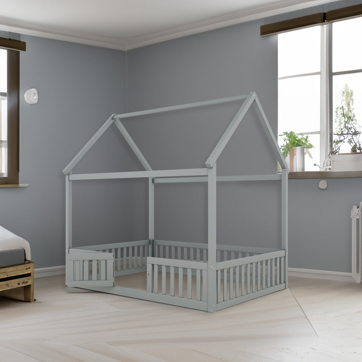 Full Wood Bed with Fence and Door Gray