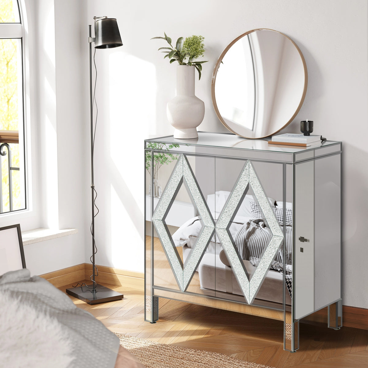 Mirrored Storage Cabinet with Diamond Frame Detailing