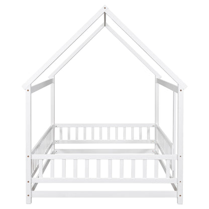 Full Wooden Bed with House Roof Frame White