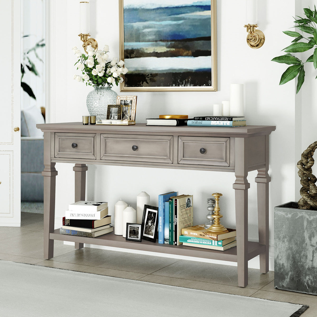Gray Wood Console Table with Drawers