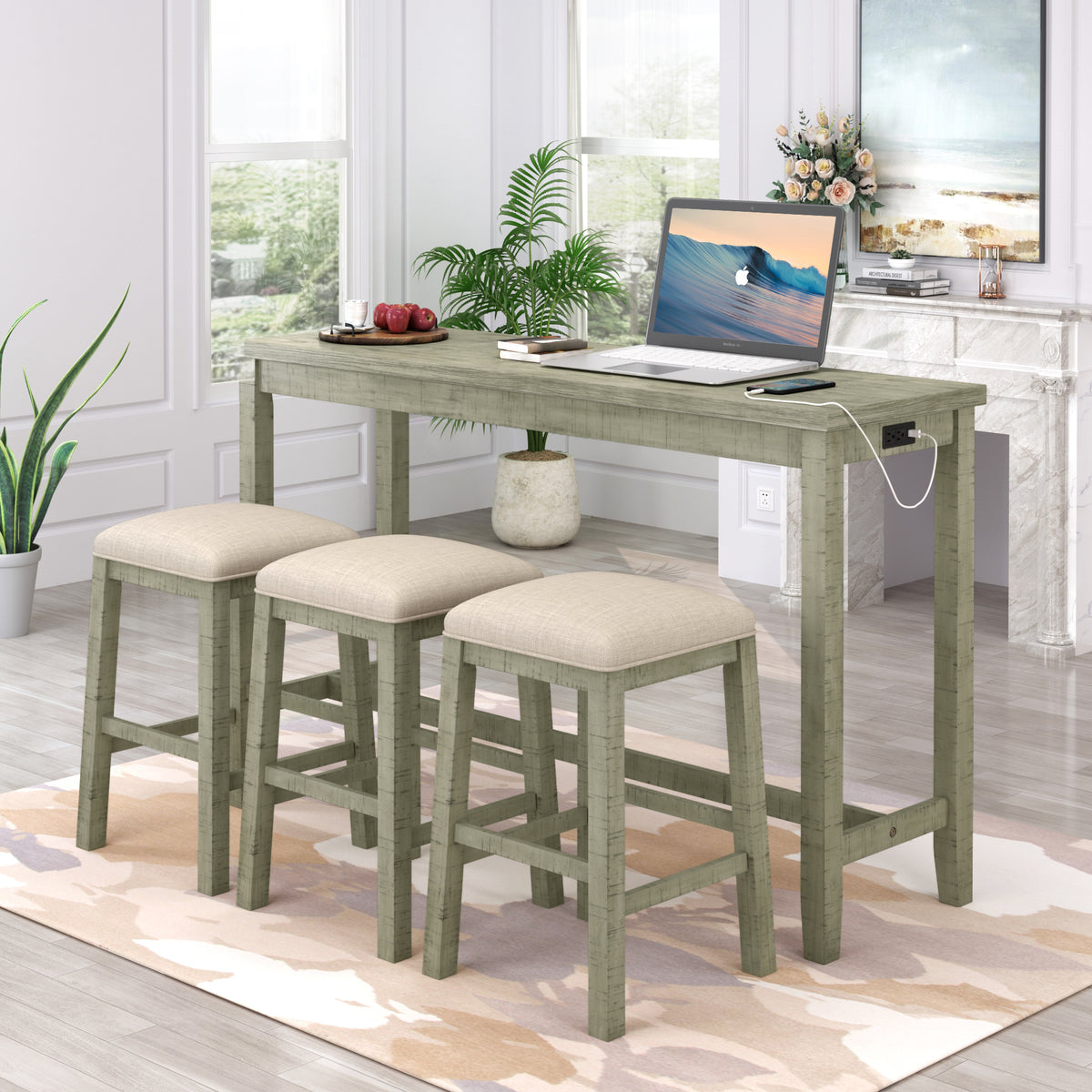 Counter Dining Set with Fabric Stools Green